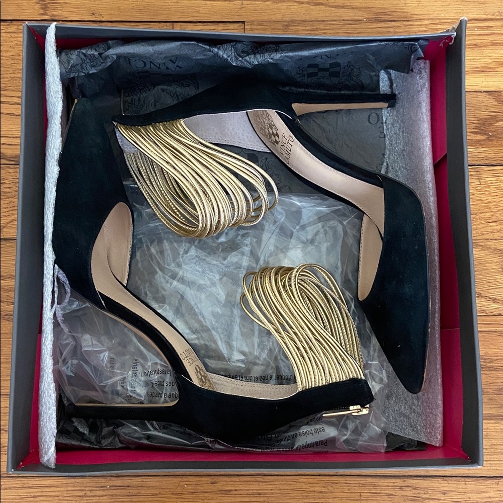 Vince Camuto Black Suede Heel with Gold Ankle Accent - Picture 5 of 6